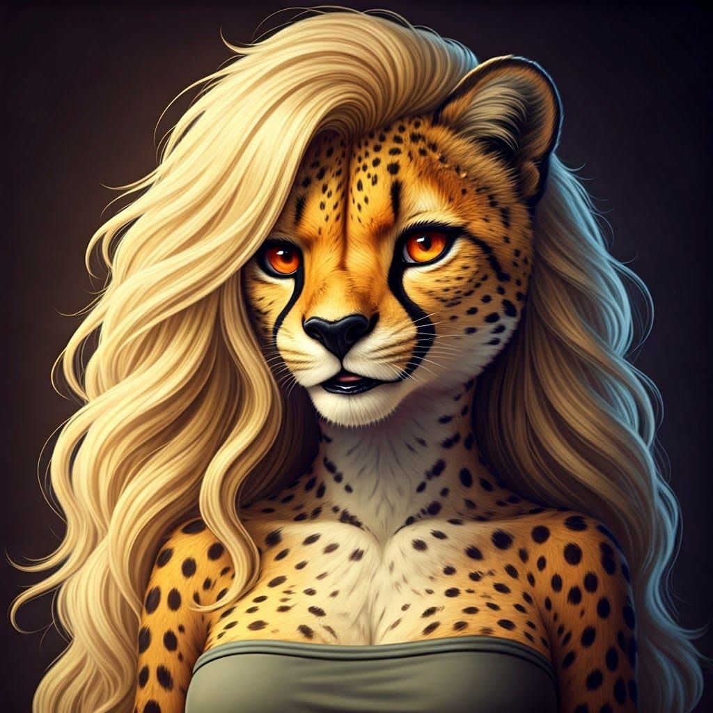 Sleek, Anthropomorphic Cheetah with Wild Blonde Mane