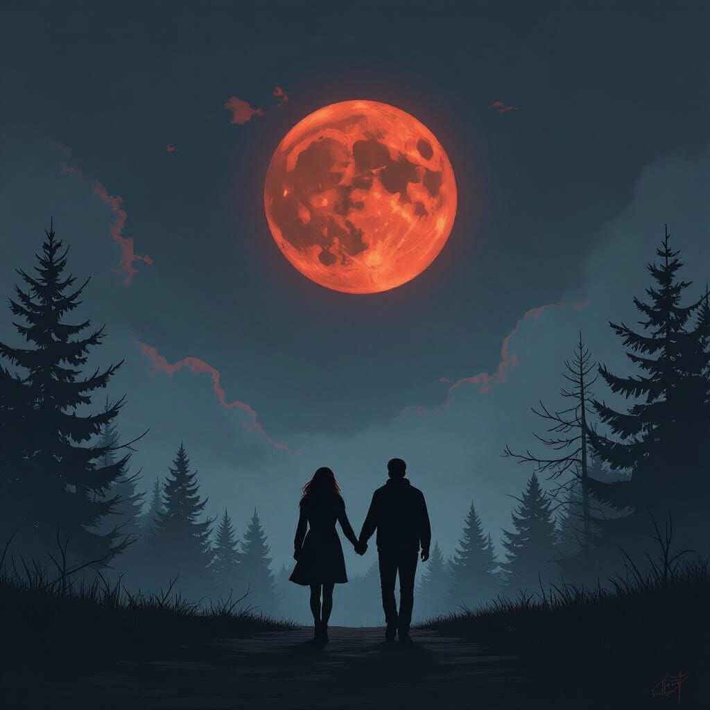 Couple Walking Under Blood Moon in Digital Art