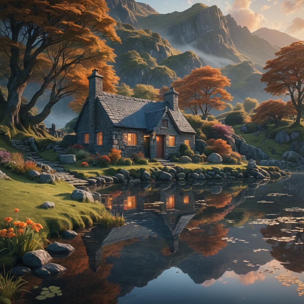 Stone Cottage by Loch at Sunrise: Matte Painting