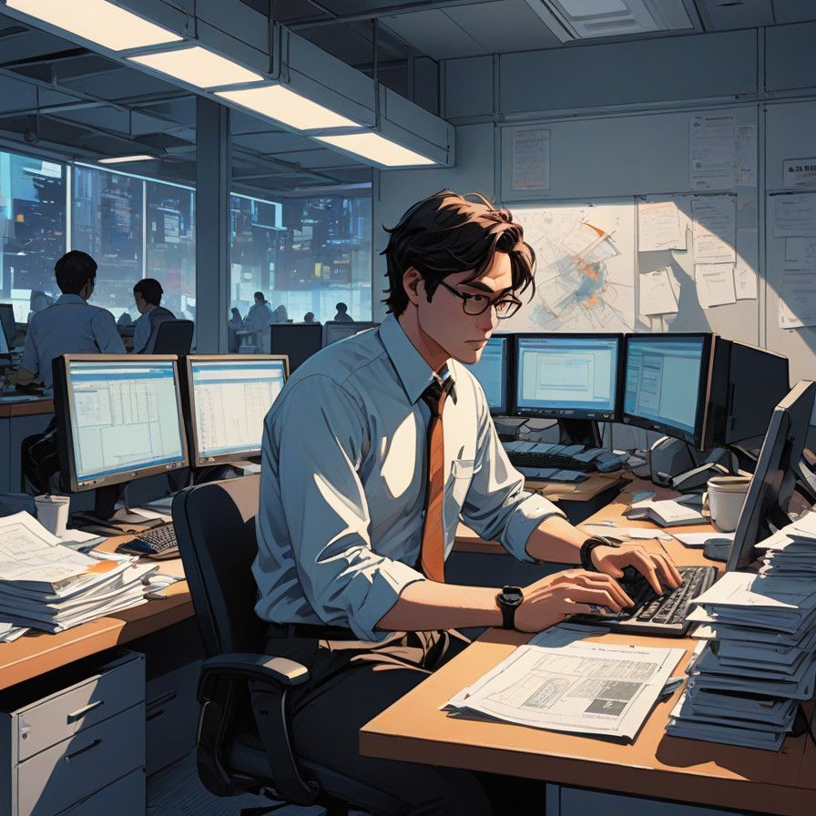 Intense Office Worker in Anime-Inspired Style