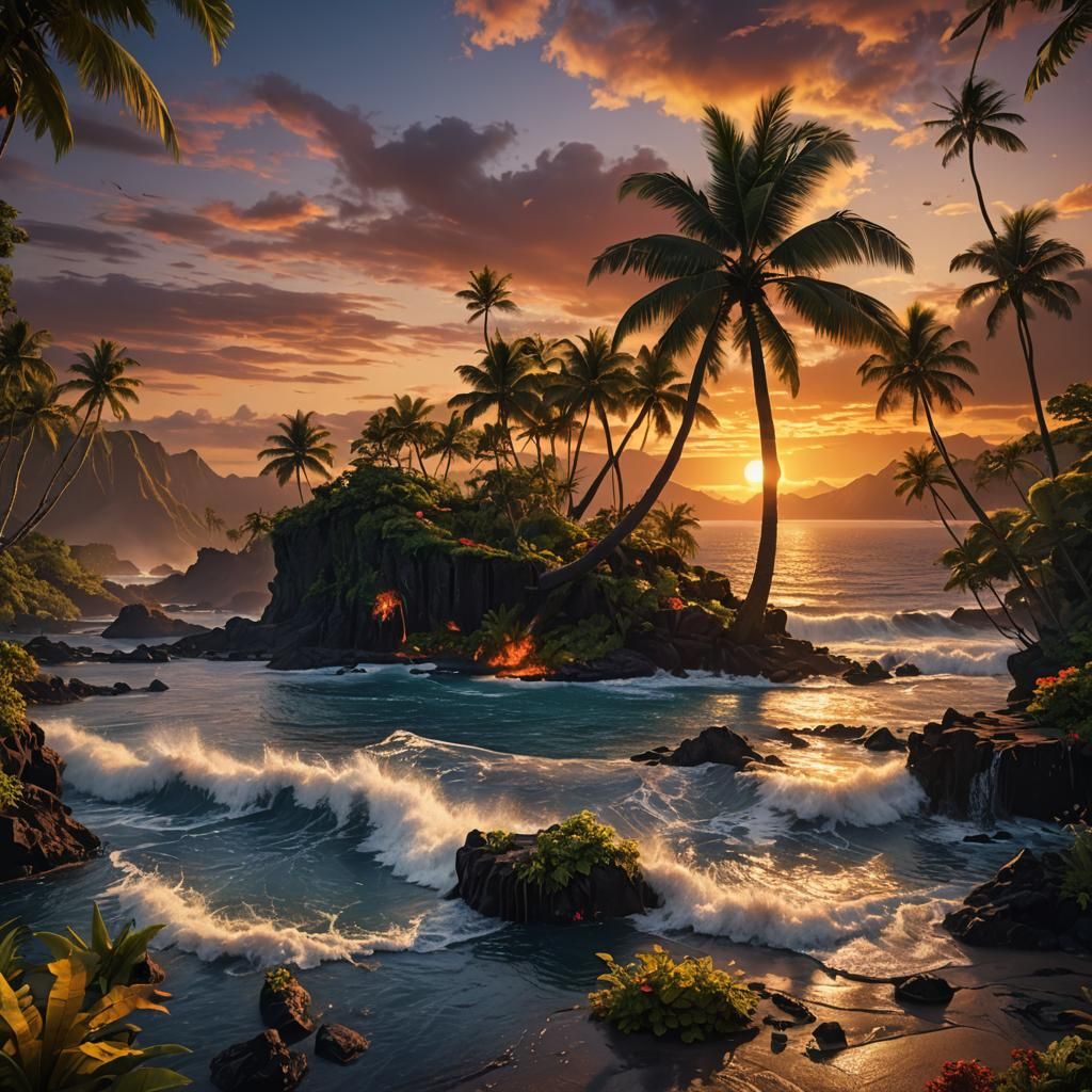 Batik Sunset in Hawaii: Detailed Matte Painting