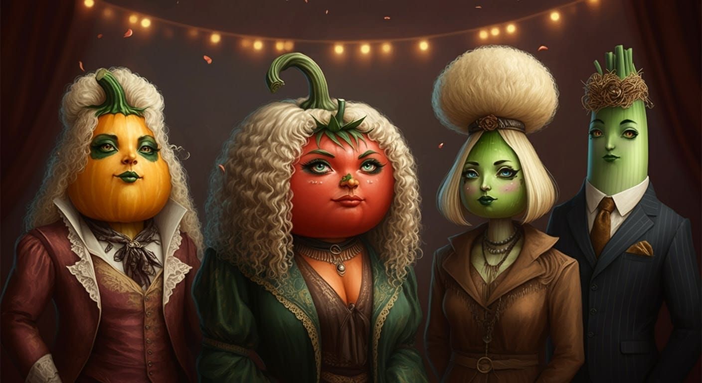 Vegetable Wig Party in Whimsical Art Style