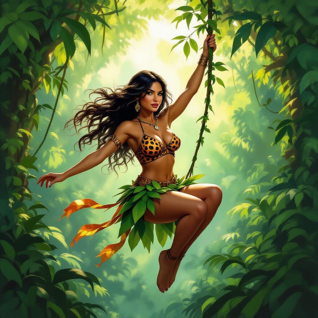 Heroic Jungle Woman Swings Through Rainforest in Oil Paintin...