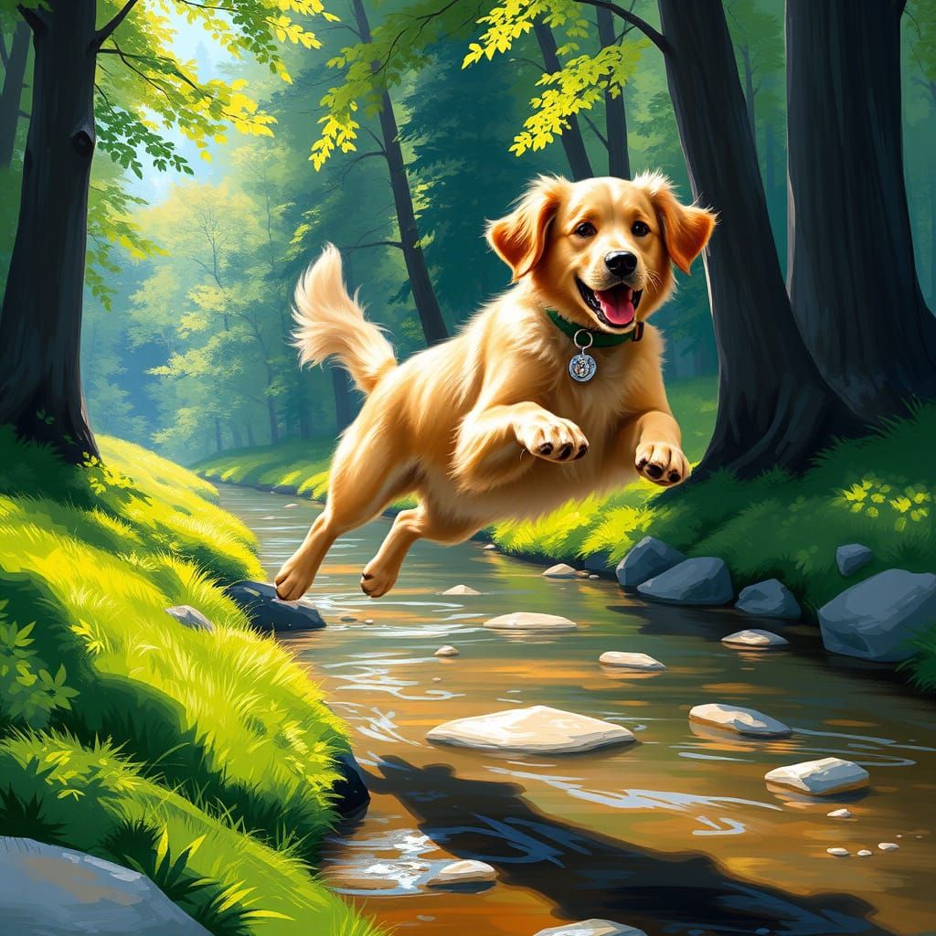 Golden Retriever in Joyful Leaping Motion Over Serene Stream