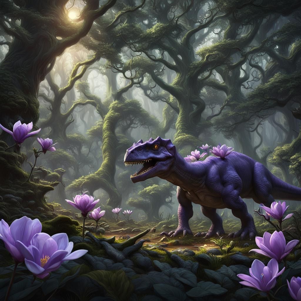 Dinosaurs Roam Forest in Dark Fantasy Style