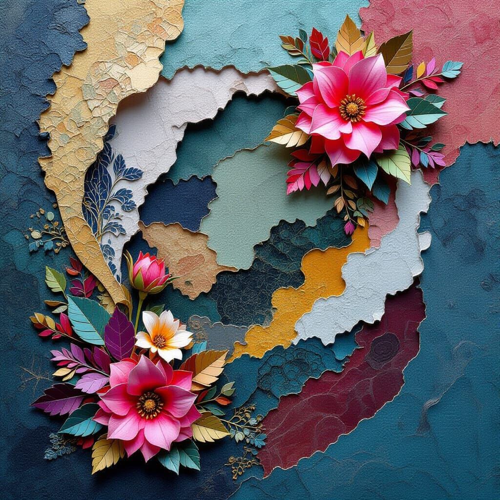 Use a Multicolor palette as the dominant approach. Make sure it uses the style Collage. Examples include layered paper t...