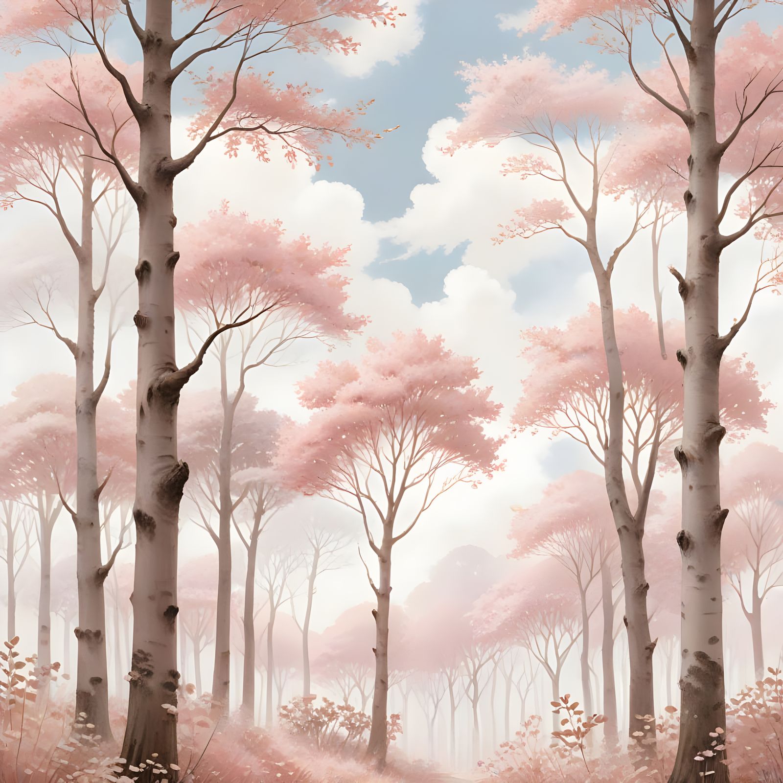 Whimsical Blush Pink and White Forest Landscape in Watercolo...