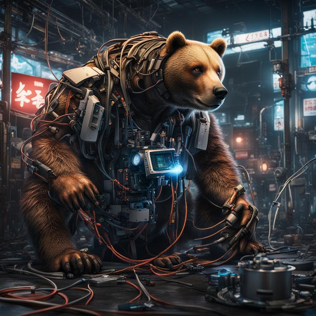 Cyberpunk Robotic Bears Feast: Hyperrealistic AI Photography
