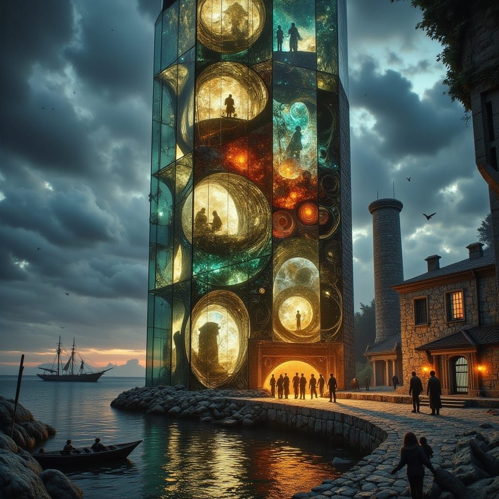 Mythic Harbor at Twilight with Glass Lighthouse