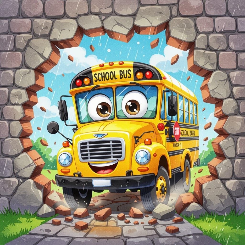 Cute Cartoon School Bus Breaks Through Stone Wall in Waterco...