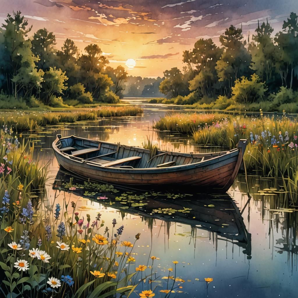 Swamp River Sunset in Digital Watercolor Style