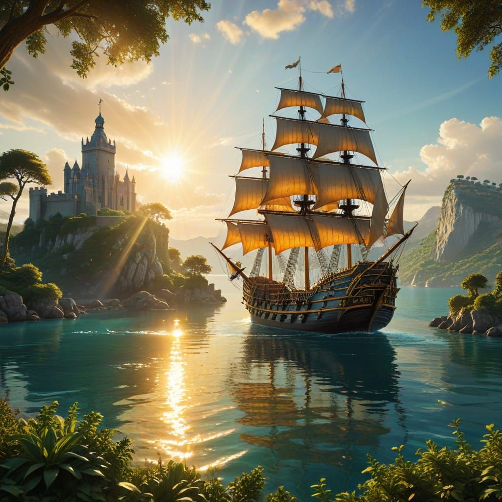 Golden Galleon Sailing on Sapphire Waters