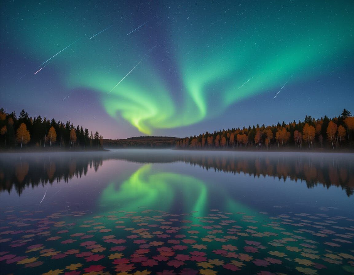 Aurora Borealis Reflected in Serene Autumn Lake
