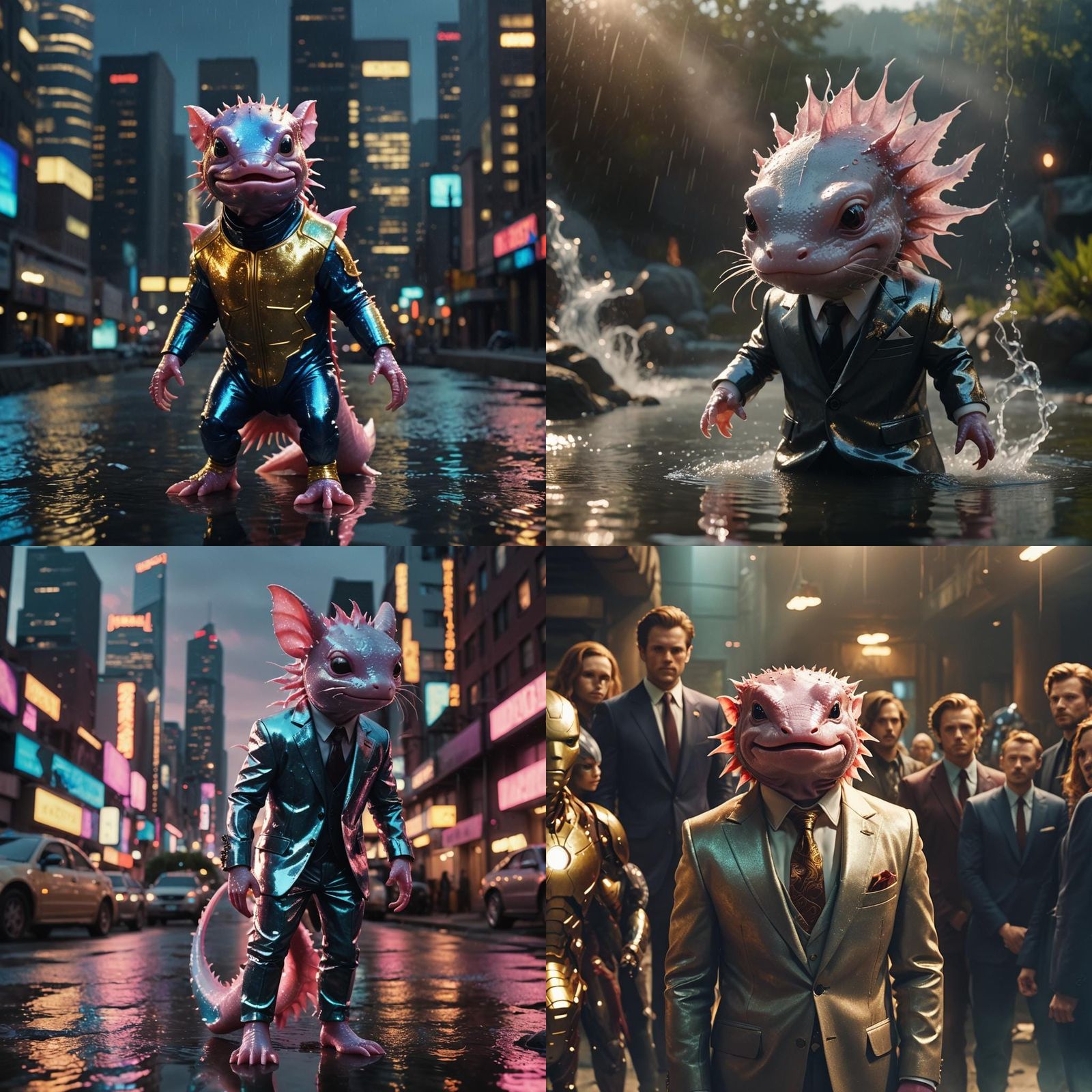 Axolotl Superhero in Shiny Suit, Cinematic Still