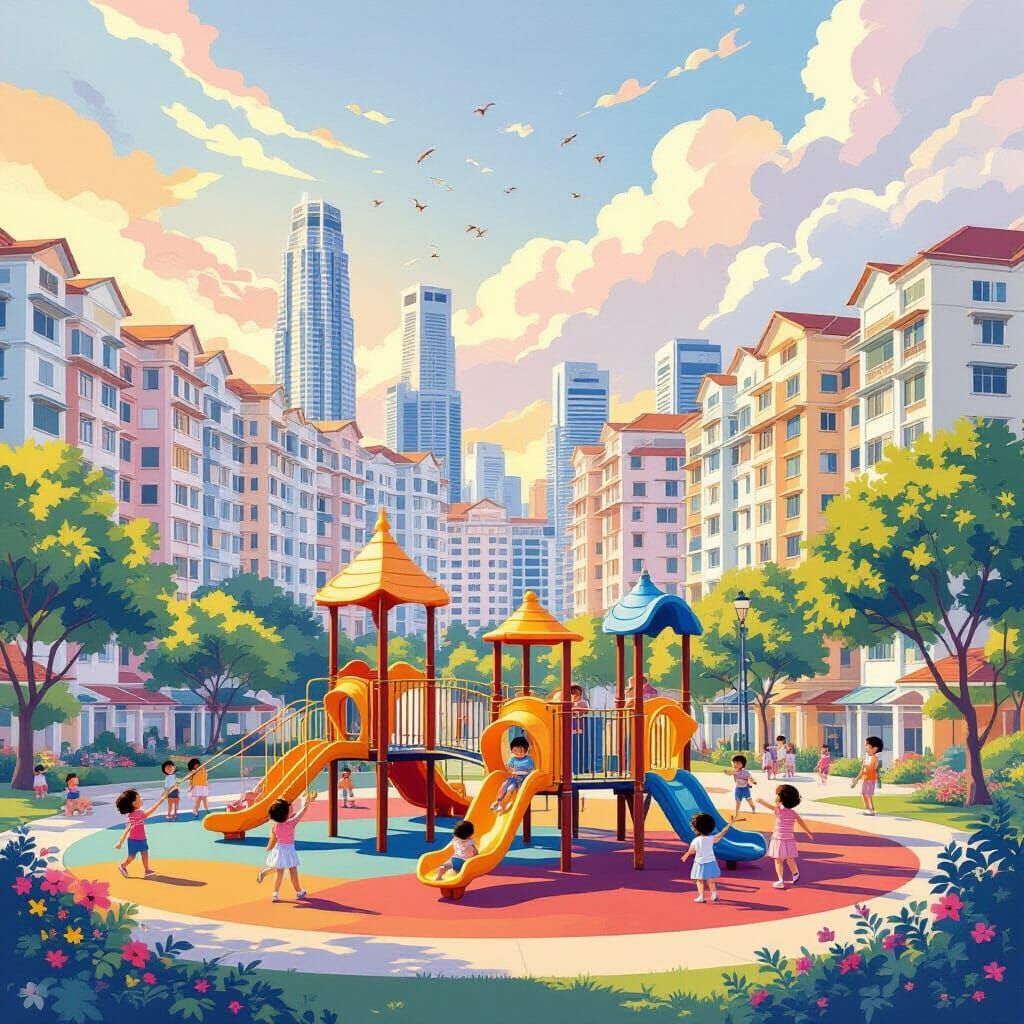 Vibrant Singapore HDB Estate with Children Playing