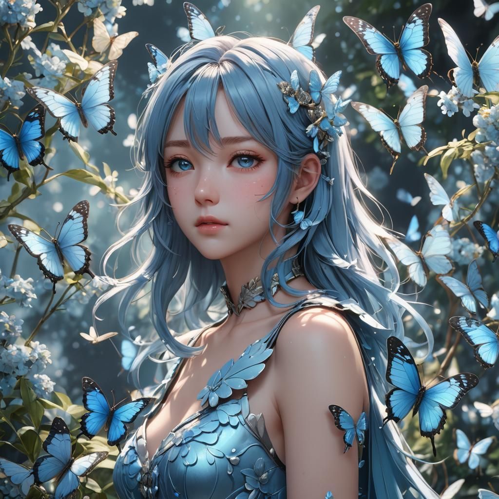 Light Blue Butterfly in 3D Anime Style
