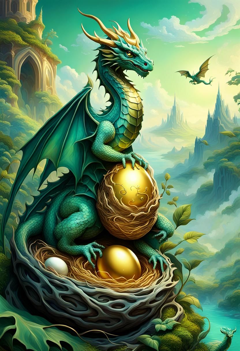 Dragon on Golden Egg in Surreal Landscape