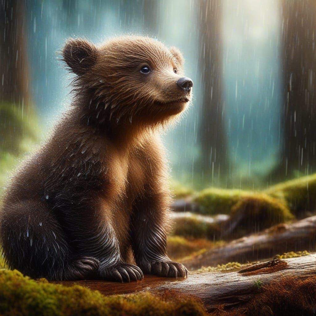 Cute Newborn Grizzly Bear Cub in Rainforest Rain