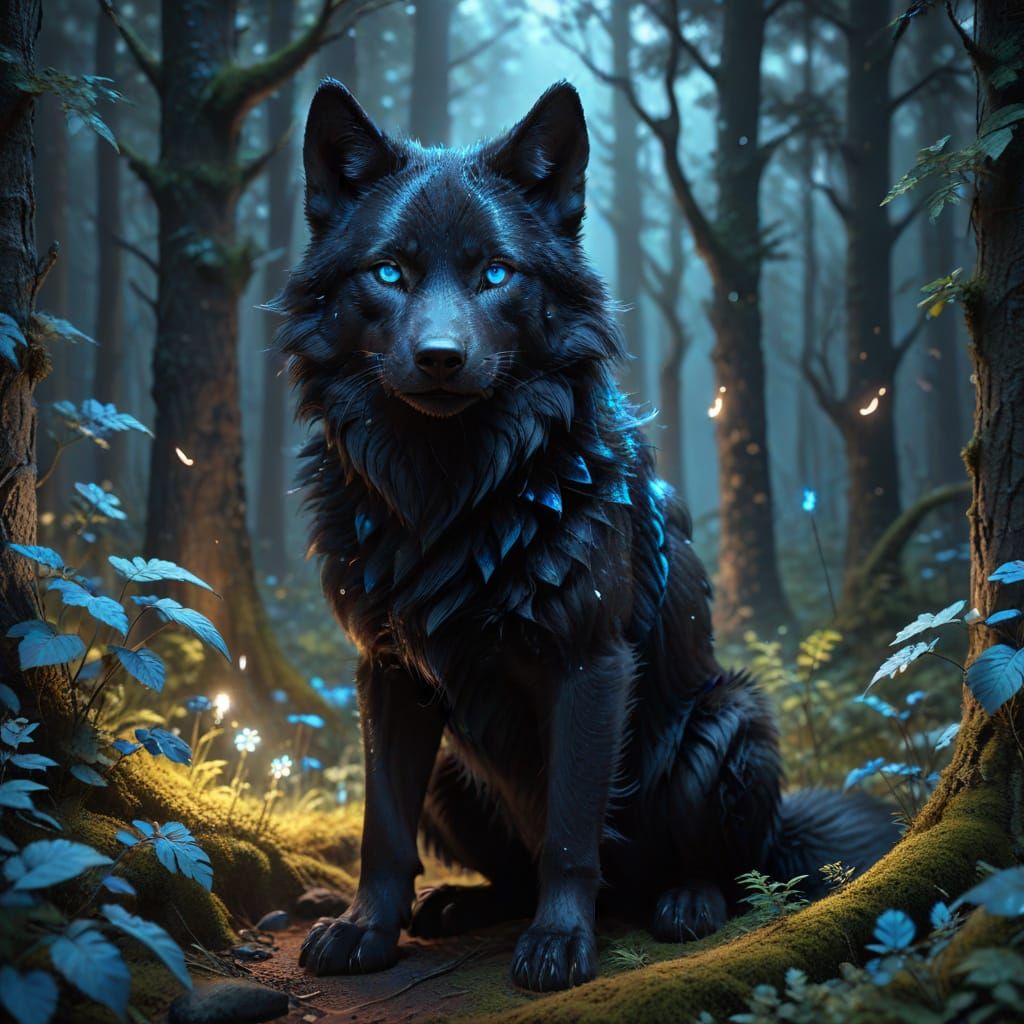 Adorable Black Wolf in Magical Forest - Concept Art
