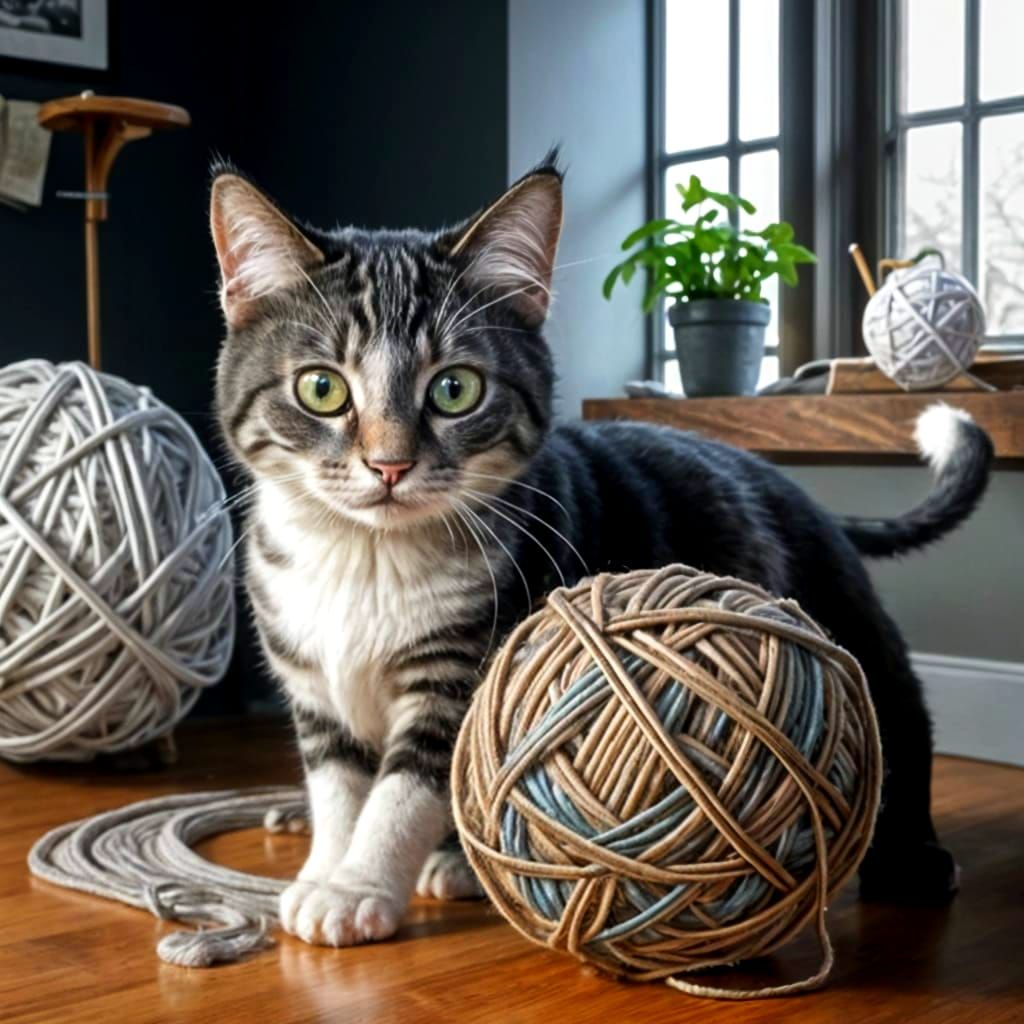 Whimsical Feline Unravels Balls of Yarn in Photorealistic Sc...