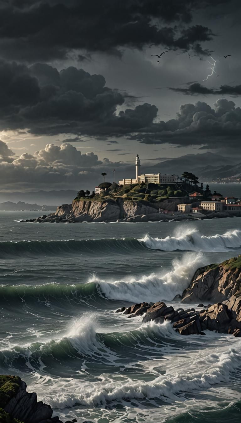 Hyperrealistic Alcatraz Island Coastline at Night