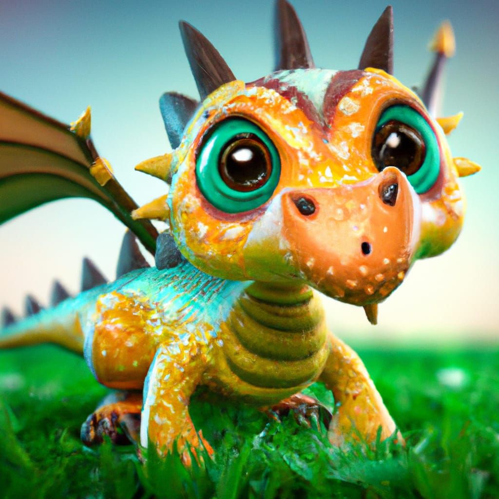 Cute Baby Dragon Playing in Green Grass
