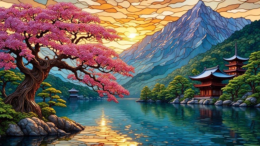 Sakura Tree Illuminated in Stained Glass