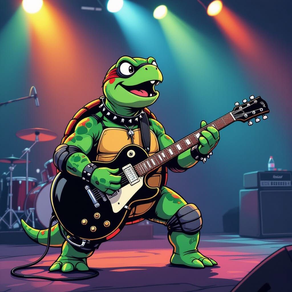 Cartoon Rocker Turtle Sings on Stage in Graphic Novel Style
