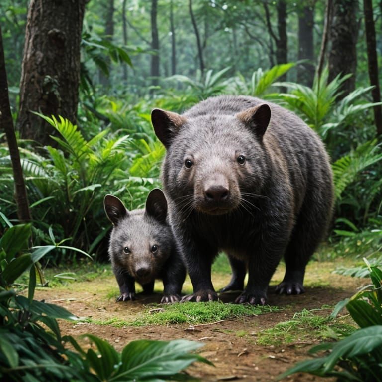 Playful Wombat in Lush Greenery: Hyperreal Detail