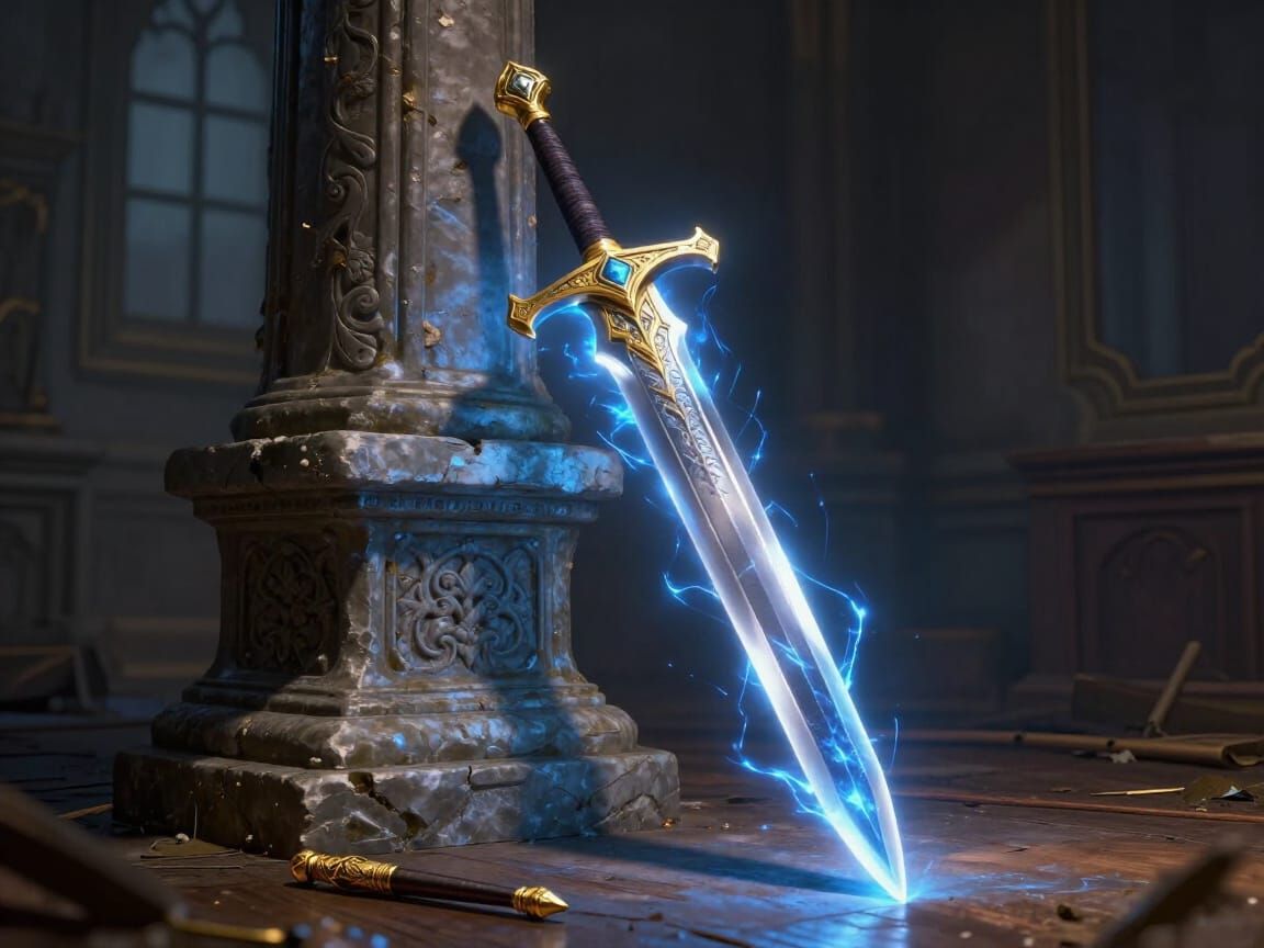 Glowing Fantasy Sword on Ornate Pedestal