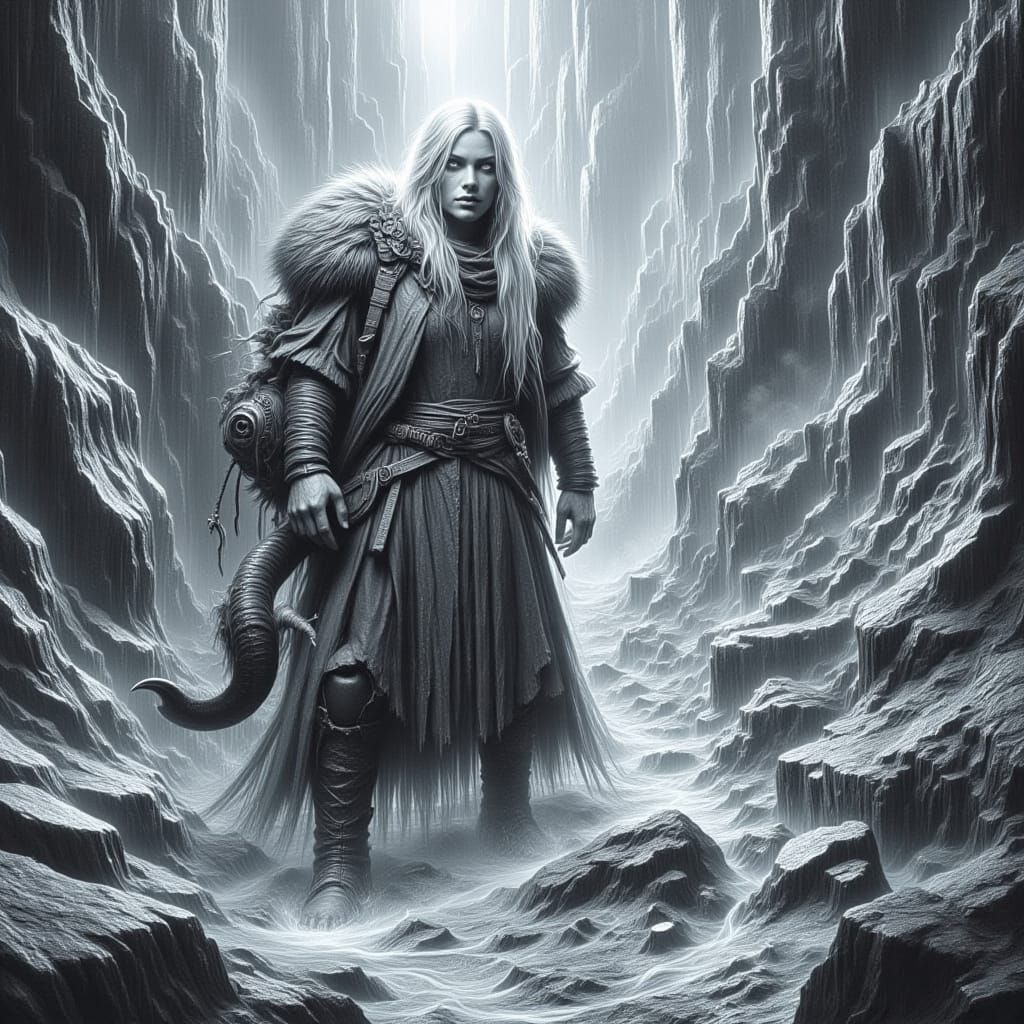 Dwarf Climbs Cliff in Dark Fantasy Pencil Sketch Style