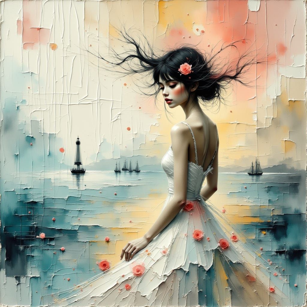 Ethereal Seascape with Lighthouse and Ships in Harbor