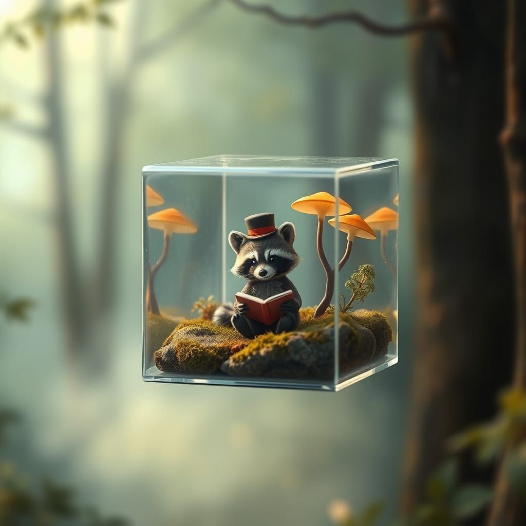 Glass Cube World: Raccoon's Enchanting Forest Scene