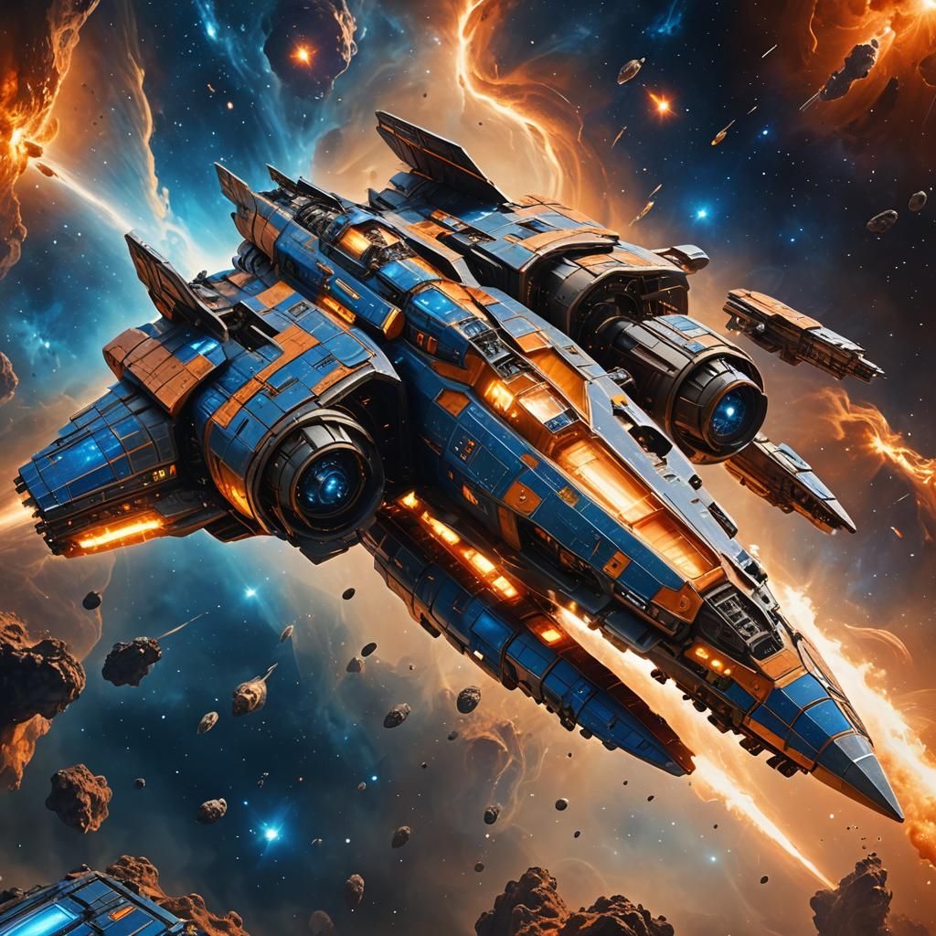 Metallic Spaceship Hurling Through Nebula in Matte Painting