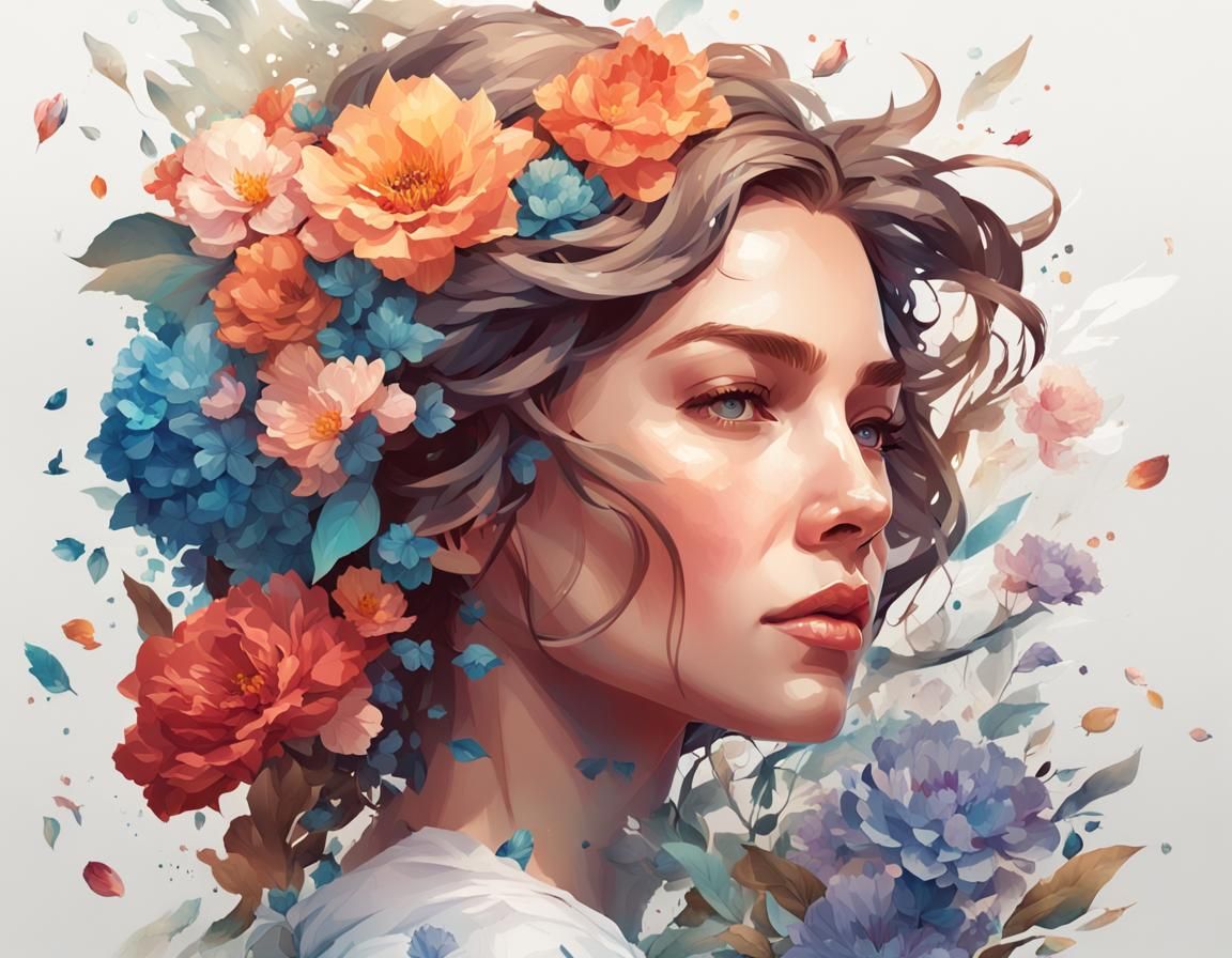 Woman with Florals: Digital Art Portrait