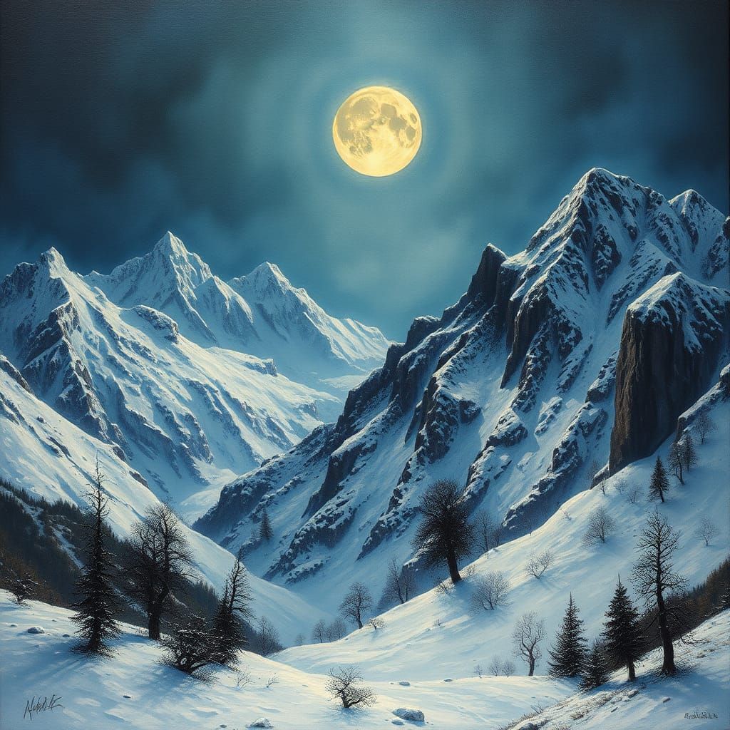Mystical Winter Mountainscape in Impasto Style