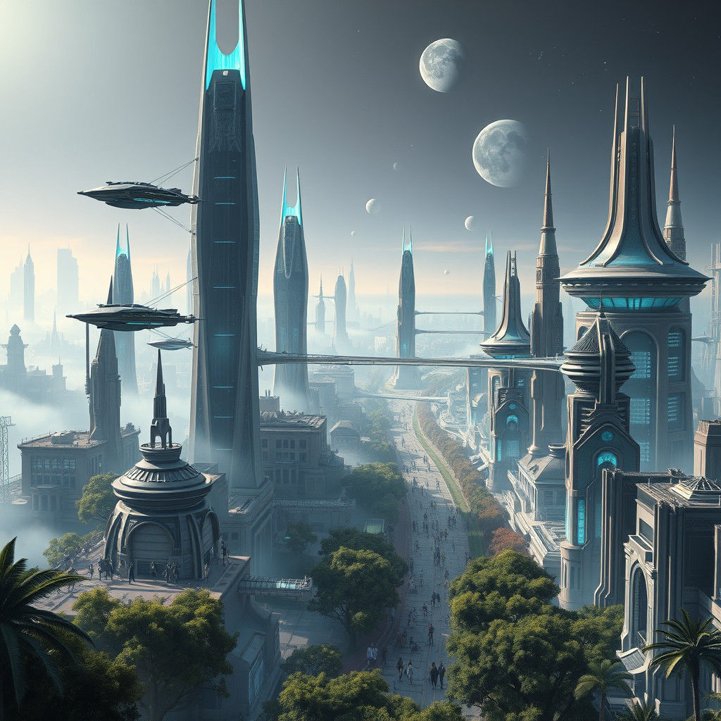 Futuristic Cityscape on Distant Planet with Glowing Sky Brid...