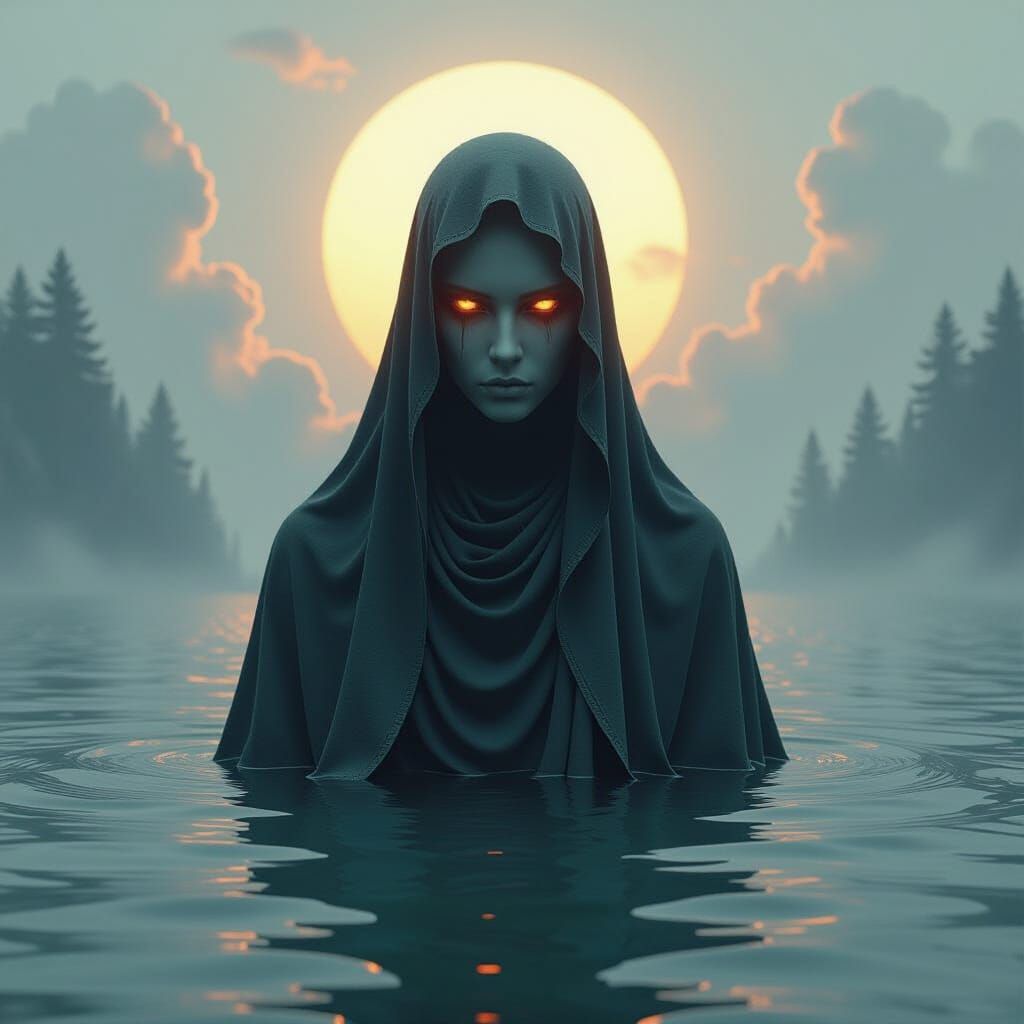 Ethereal Being with Fiery Eyes in Surreal Landscape