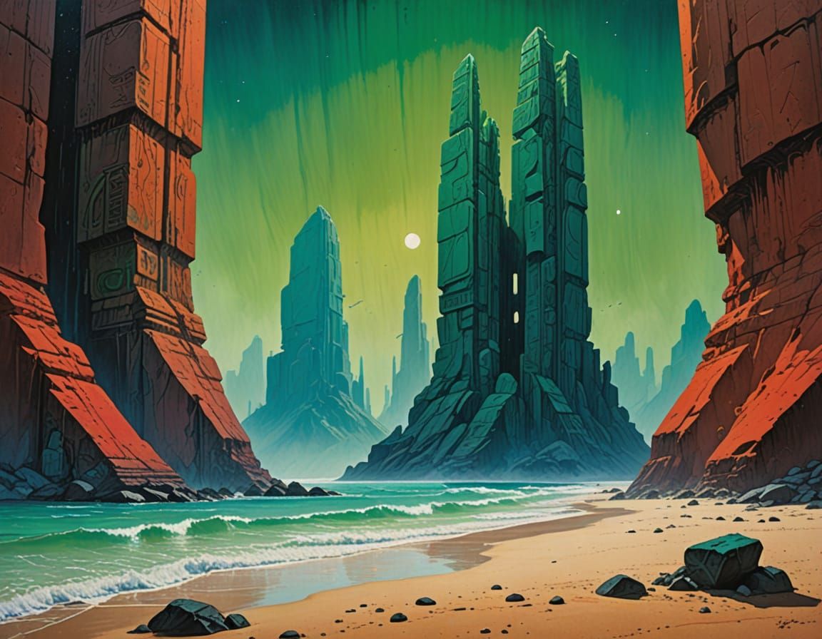 Desolate Planet with Monoliths: Gouache and Watercolor