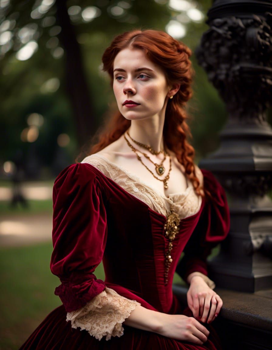 Victorian Woman in Red Velvet Dress Portrait