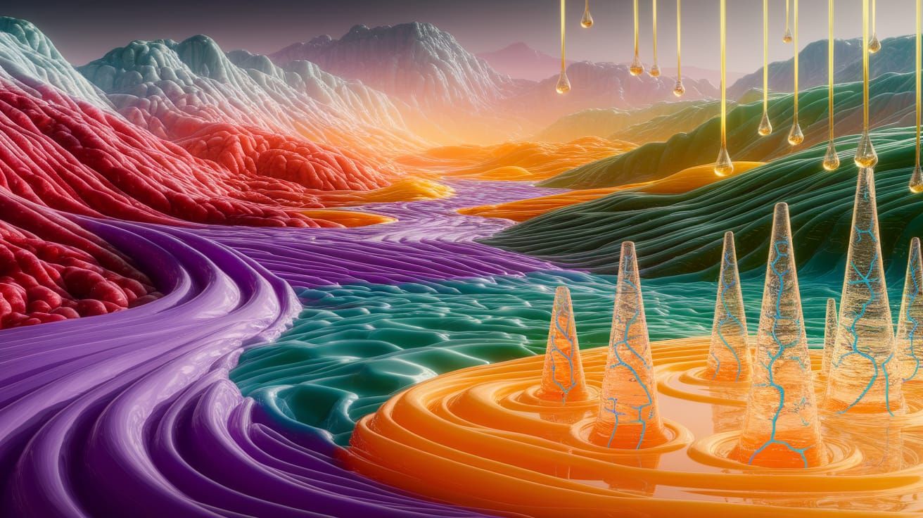 Alien Liquid Landscape with Lava Mountains and Syrup Rivers