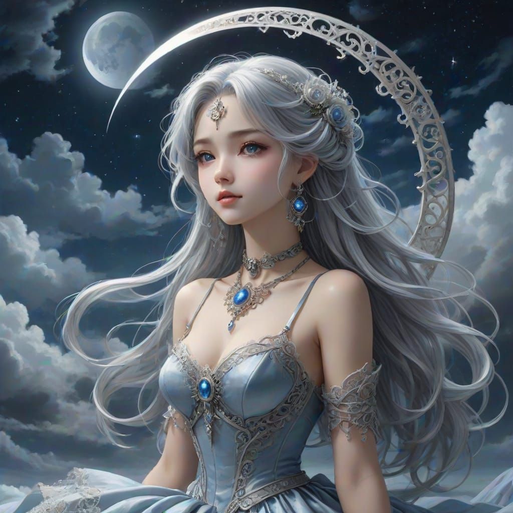 Steampunk Silver Crescent Moon in Velvet Sky