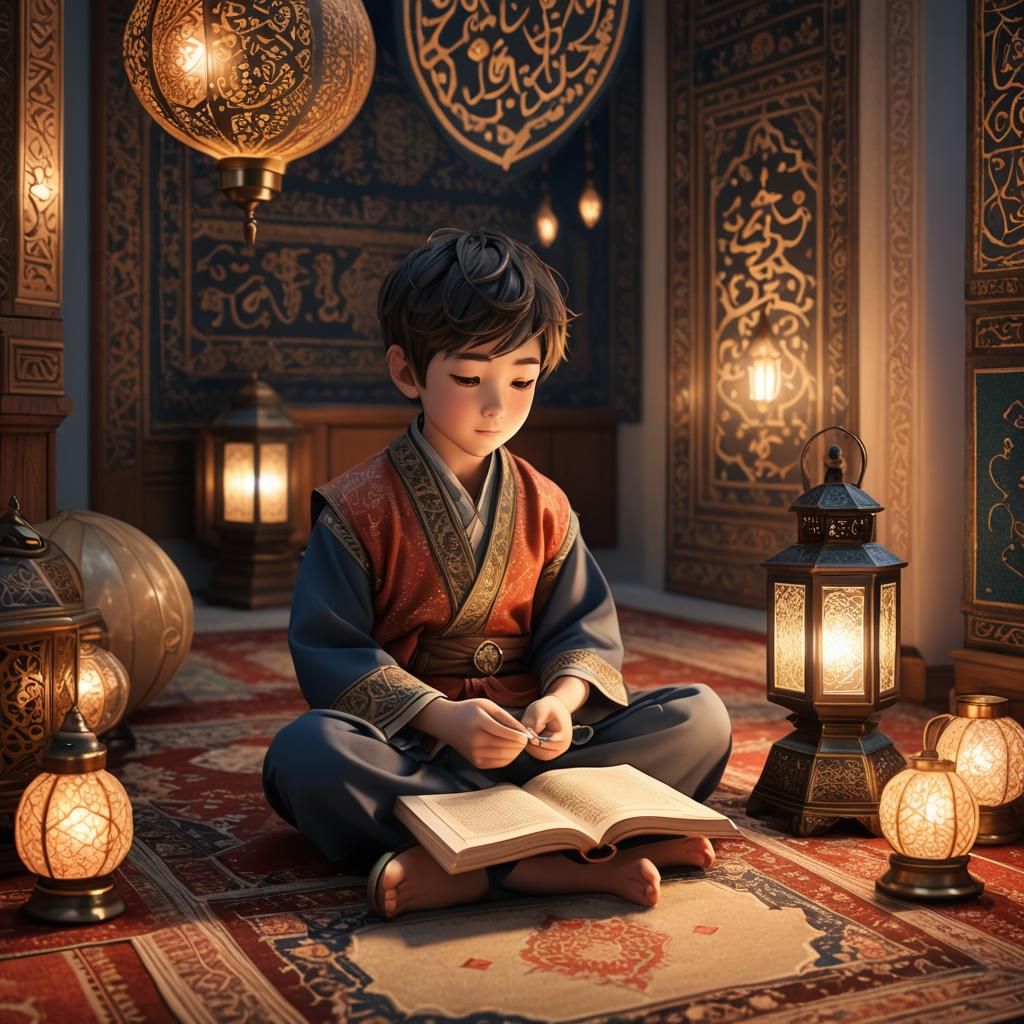 Anime Boy Reads Qur'an in Hyper-Realistic Digital Art