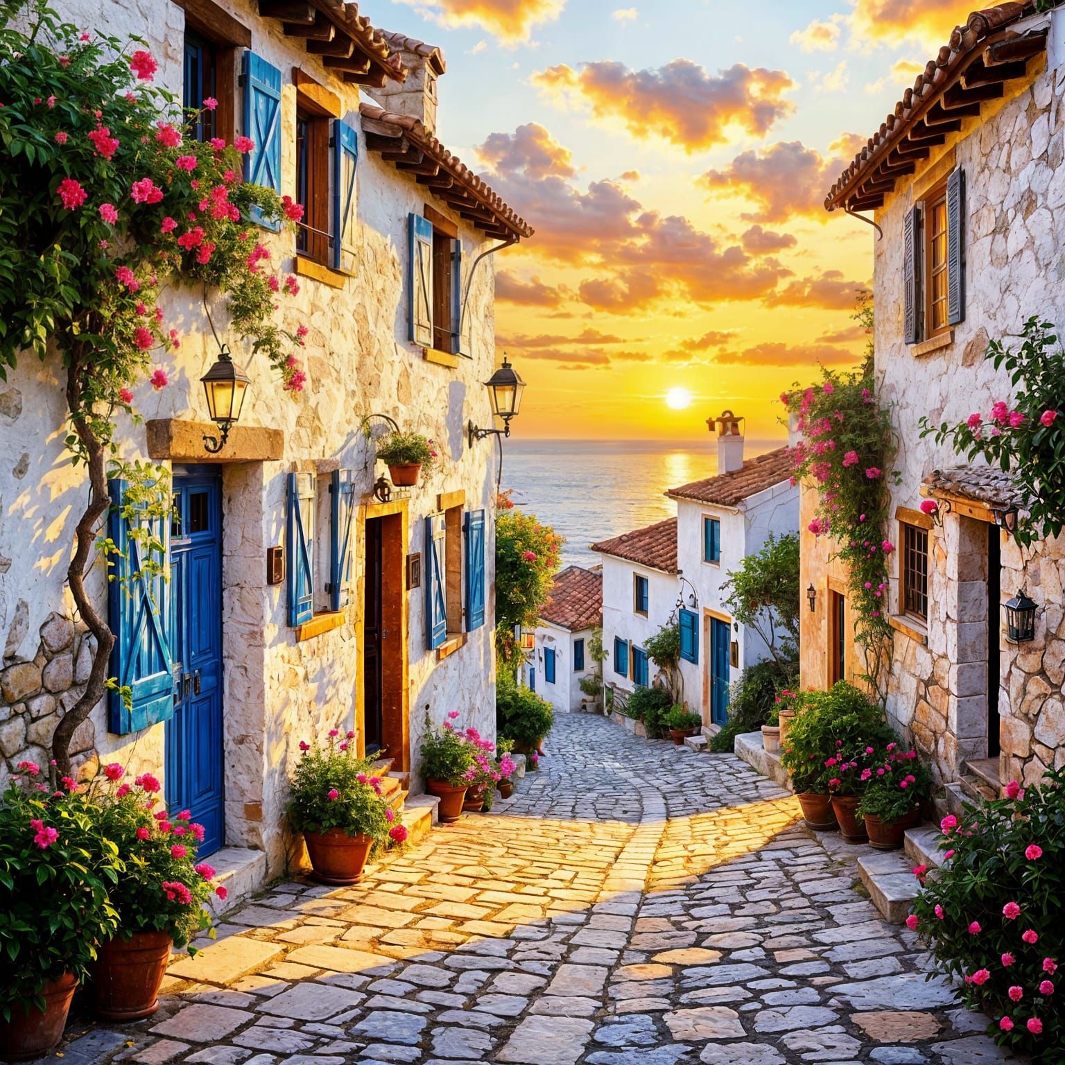 Romantic Mediterranean Alley at Sunset with Cats