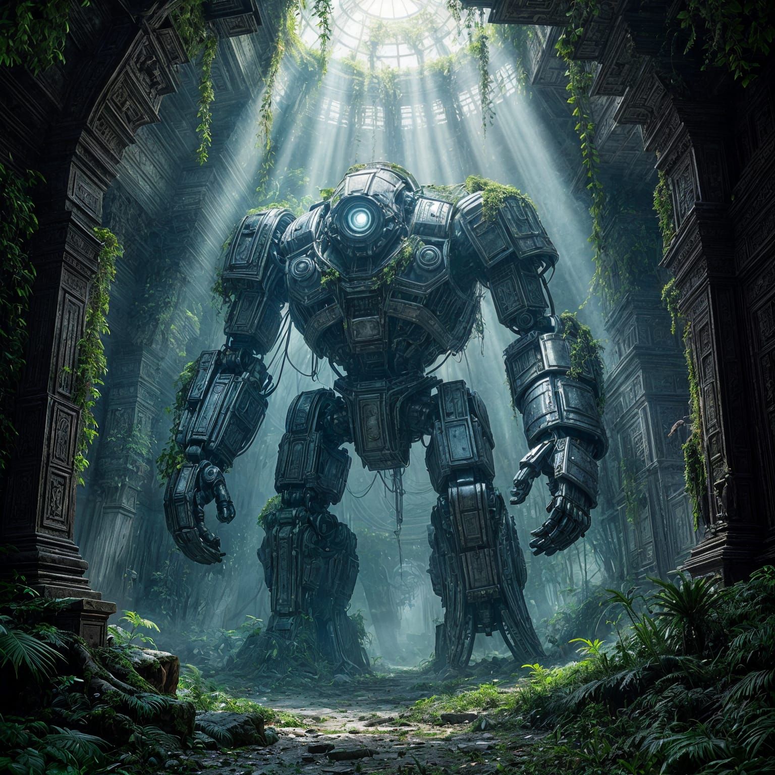 Ancient Robot Awakens in Jungle Temple, Digital Matte Painti...