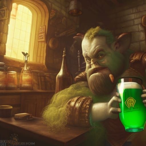 Imp Sipping Beer in Alchemist's Workshop