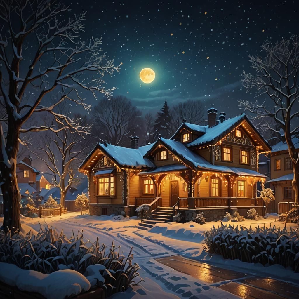 Bulgarian Revival House in Enchanted Winter Night