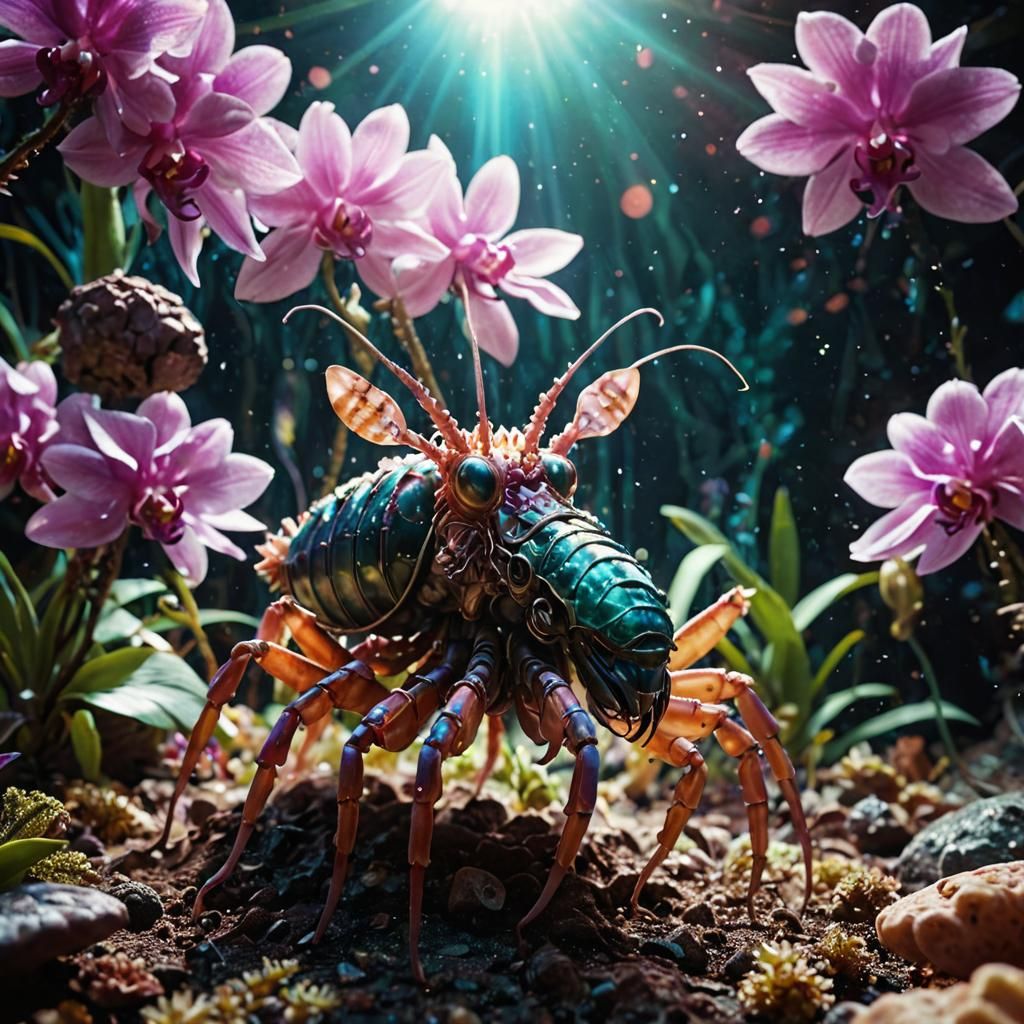 Ethereal Mantis-Shrimp Alien Amidst Glowing Exoplanet Floras