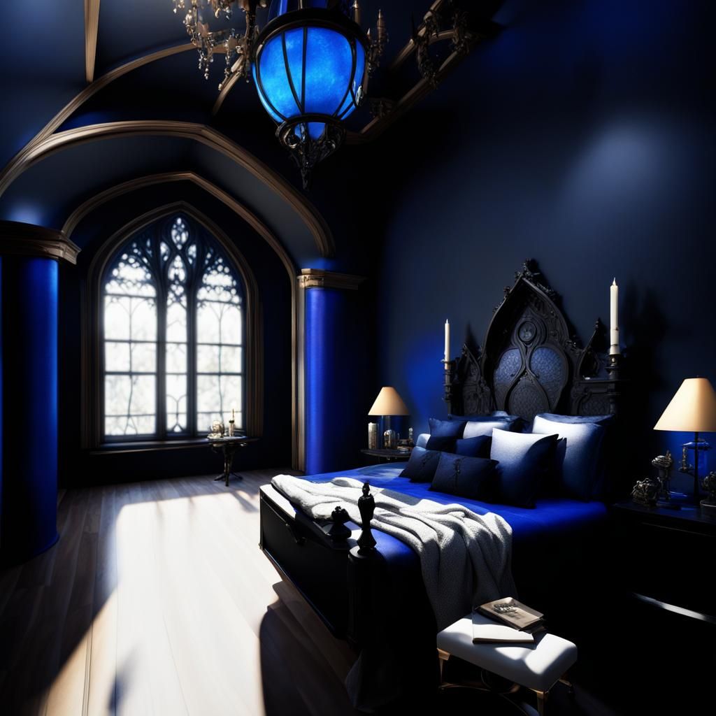 Beautiful gothic bedroom with Cobalt blue walls with black a...