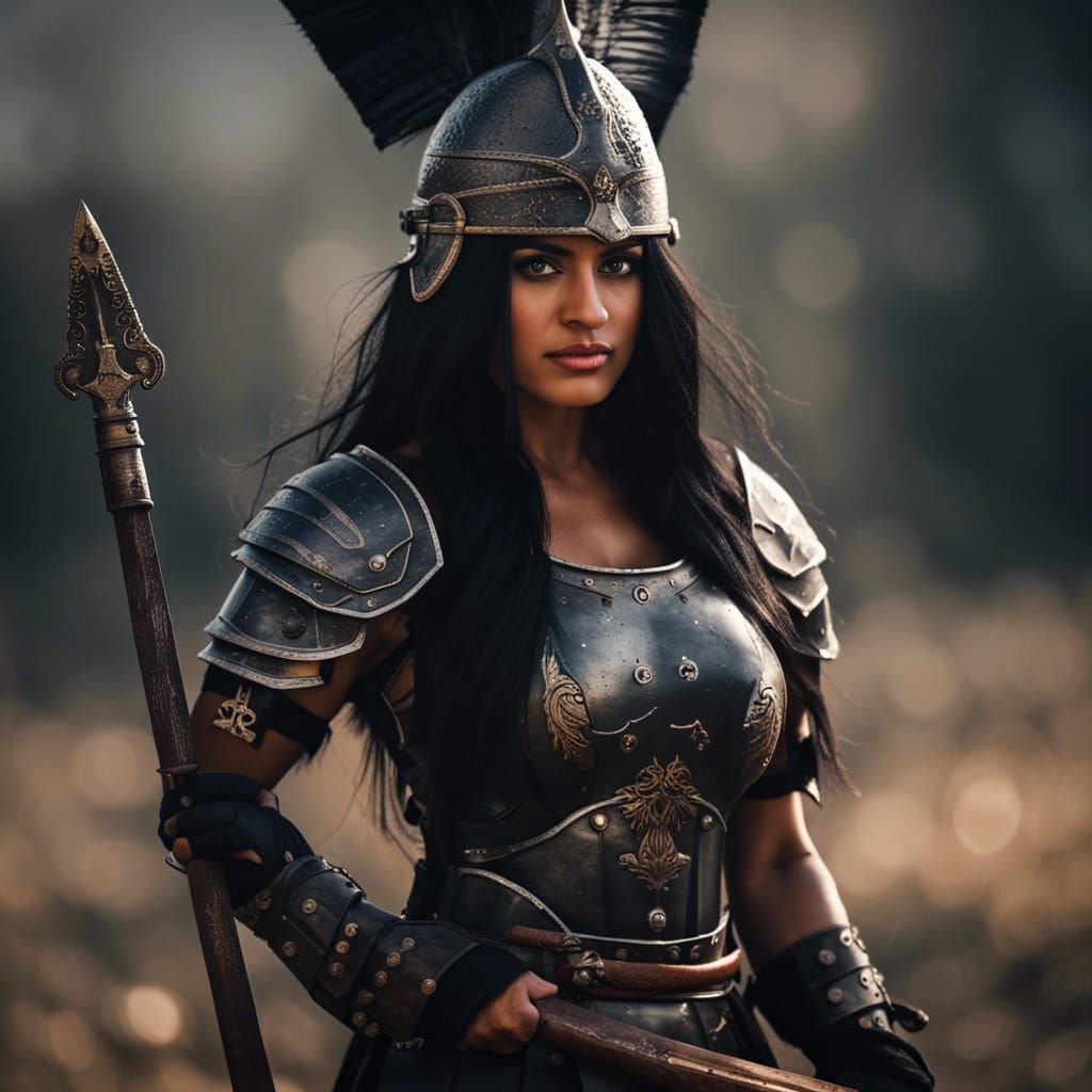 Indian War Goddess in Black Armor on Battlefield